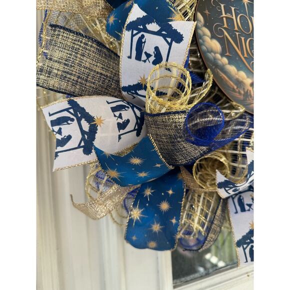 Holy Night Nativity Wreath Christmas Door Decor | Blue and Gold Holiday Wreath - Picture 3 of 9